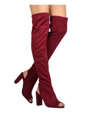Bamboo - Red Velvet Over-the-Knee Thigh High Peep Toe